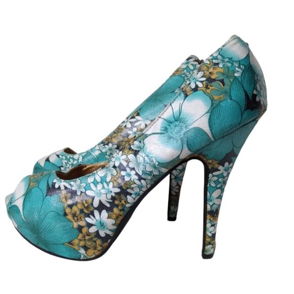 Show Story Platform Heels Teal Floral Open Toe Size 9.5 or EU41 - Picture 7 of 15
